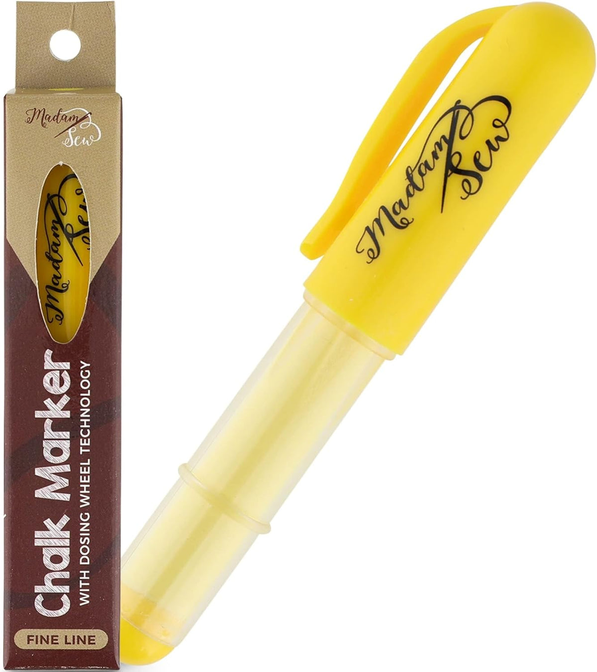 Madam Sew Refillable Tailors Chalk for Fabric - Washable Fabric Markers for Sewing and Quilting with Dosing Wheel, Tailor Chalk Pen for Precise Marking on Cotton, Knit, Suede (Yellow)