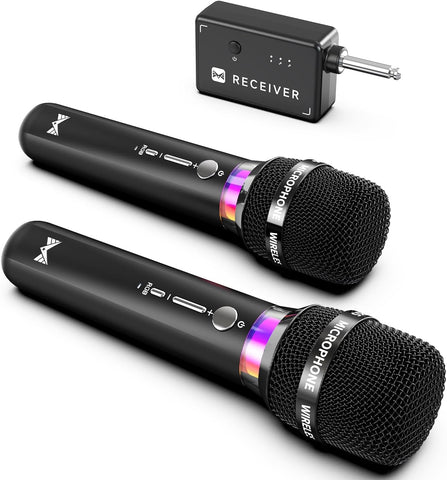 Wireless Microphone, Rechargeable Wireless Microphones with One-to-One Chip Connection and LED Lights, 40H Duration, 200FT Range Receiving, Less Latency Karaoke Microphone for Singing, Speech, Party