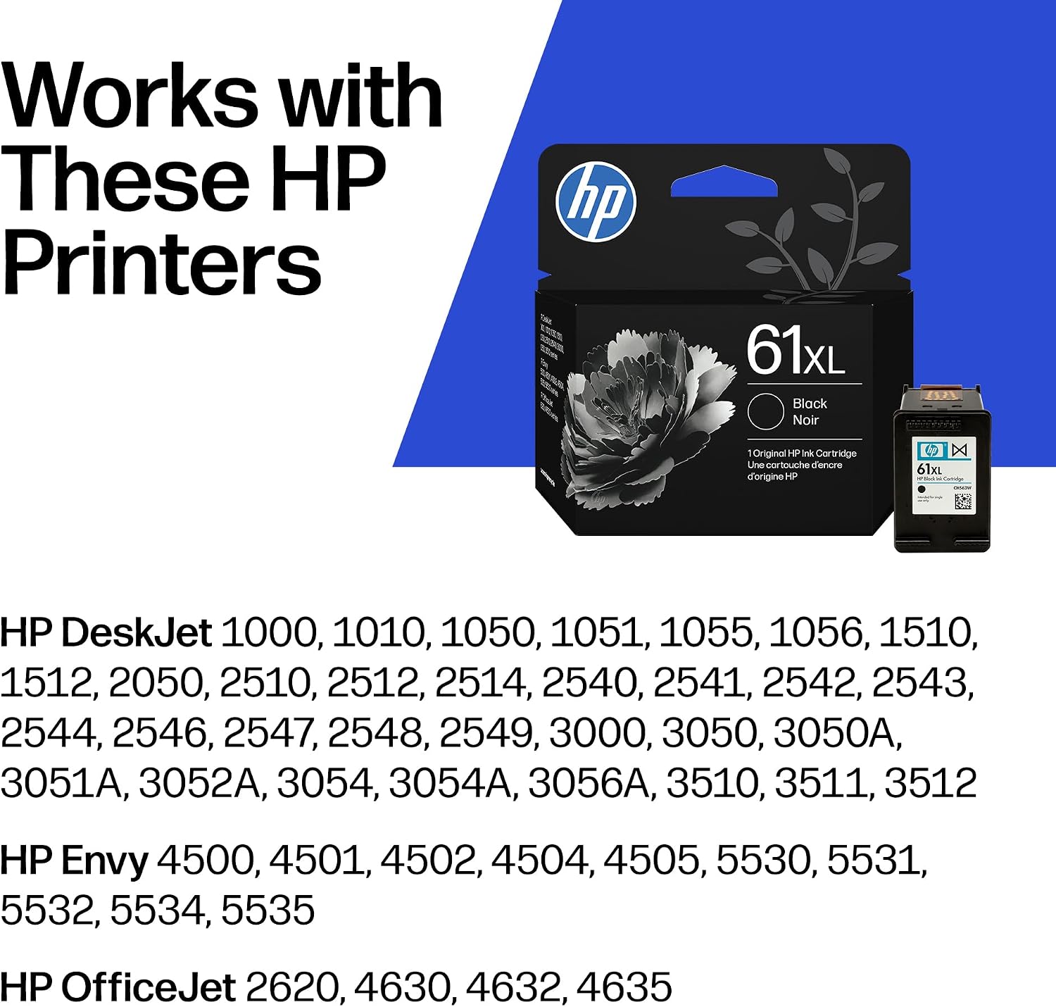 HP 61XL Black High-Yield Ink | Works with DeskJet 1000, 1010, 1050, 1510, 2050, 2510, 2540, 3000, 3050, 3510; Envy 4500, 5530; OfficeJet 2620, 4630 | C0PA4AN