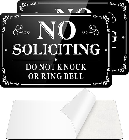 No Soliciting Sign for Front Door, (2 Pack) Self-adhesive No Soliciting Sign for House, 9 x 6 inches Aluminum Metal Signs for Yard (Black/White, Large 9 x 6 inches)