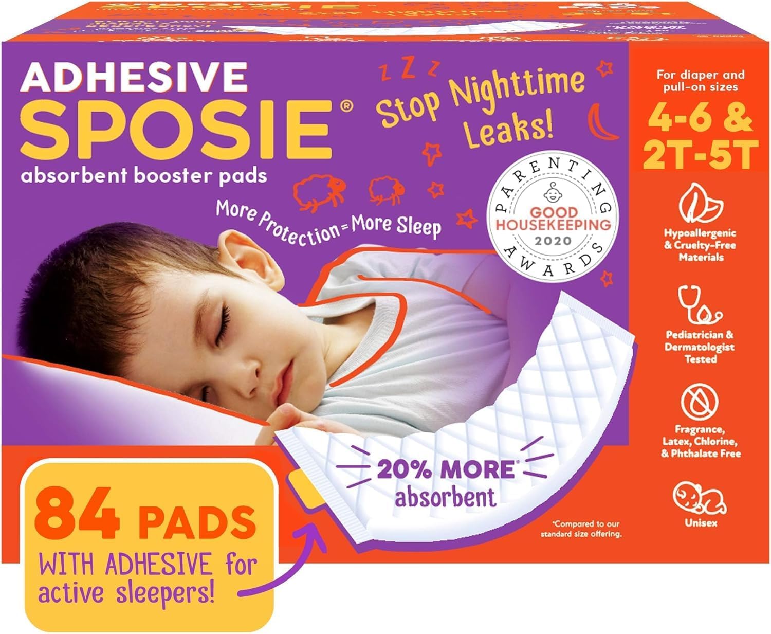 Sposie Overnight Diaper Booster Pads with Adhesive, Size 2T-5T, 84 Ct
