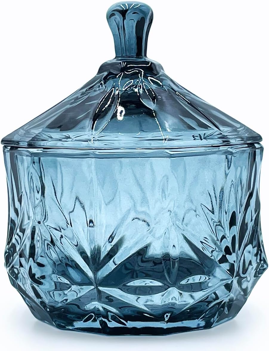 8oz Glass Candy Dish with Lid,Small Crystal Candy Jar,Apothecary Jar for Cotton Balls,Q Tips, Small Accessories,Office,Bathroom,Dining Room Organizer(Gray)