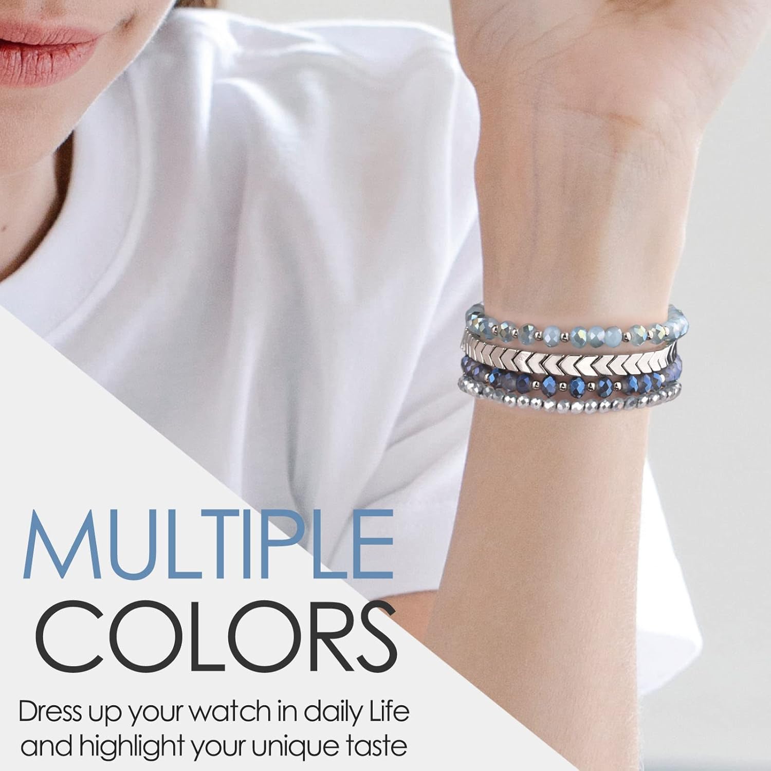 MOFREE Beaded Bracelet Compatible with Apple Watch Band 38mm/40mm/41mm/42mm, Fashion Elastic Stretch Women Bands for iWatch Series 11/10/9/8/7/SE/6/5/4/3/2/1 iPhone Watch Strap Bands (Blue/Silver)