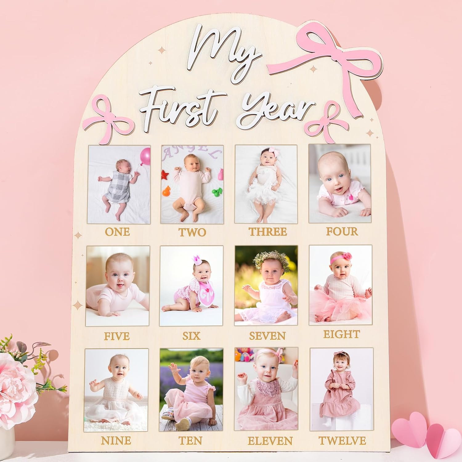 Naozinebi Pink Bow First Year Photo Board Bow Birthday Decor