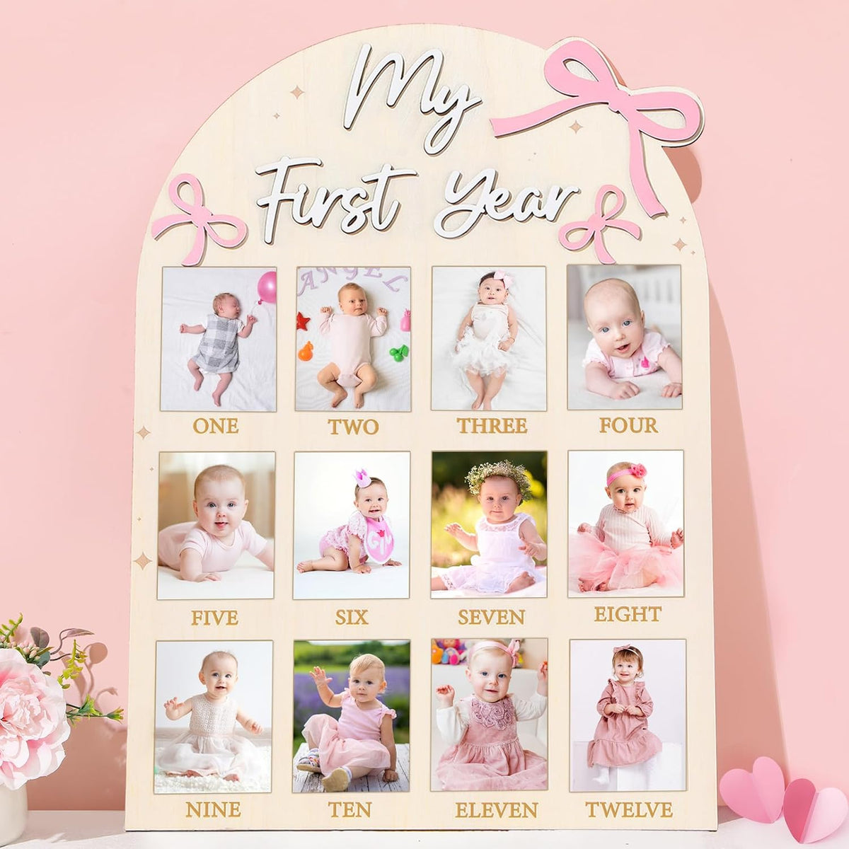 Naozinebi Pink Bow First Year Photo Board Bow Birthday Decor