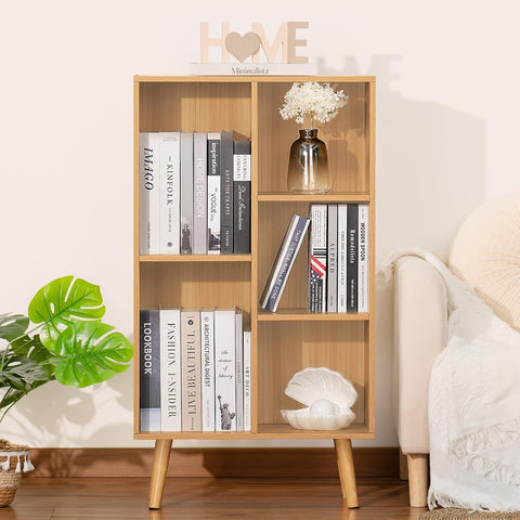 LEYAOYAO 5 Cube Bookshelf, Mid-Century Modern Book Shelf with Legs, Natural