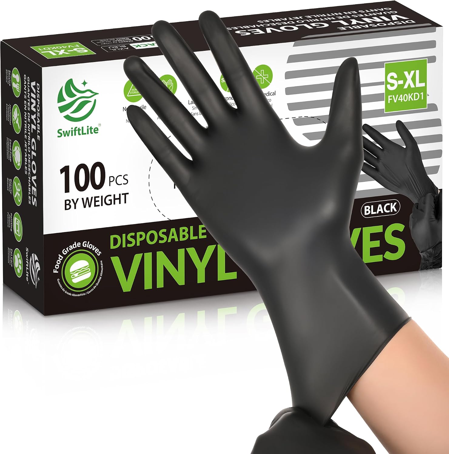 SWIFTLITE Black Vinyl Gloves, Food Grade Gloves Disposable Latex Free