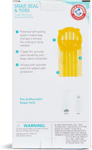 Munchkin® Arm & Hammer Diaper Pail Snap, Seal & Toss™ Refill Bags, Holds up to 180 Newborn Diapers, 6 Pack