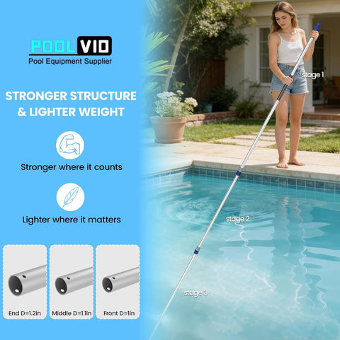 Poolvio 15FT 3-Piece Telescopic Pool Pole with Universal Threaded Tip