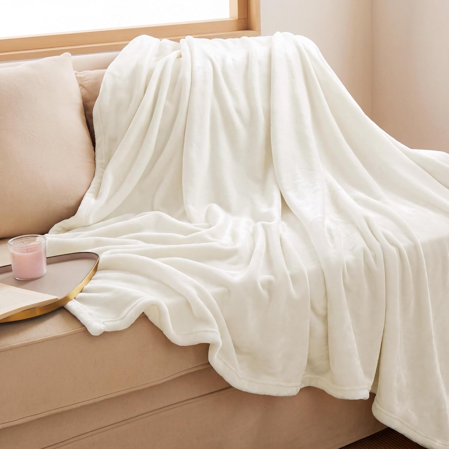 Bedsure GentleSoft Cream Throw Blanket for Couch - 300GSM Soft Cozy Fleece Blankets for Home Decor Gifts Throws for Travel Camping 50x60 Inches