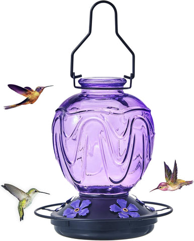 Glass Hummingbird Feeder for Outdoors Hanging,24Ozs Humming Bird Nectar Feeder Perch,5 Flower Feeding Ports, Leak Proof Base and Hook for Outside Garden Backyard Decor, Gifts for Women Mom,Purple