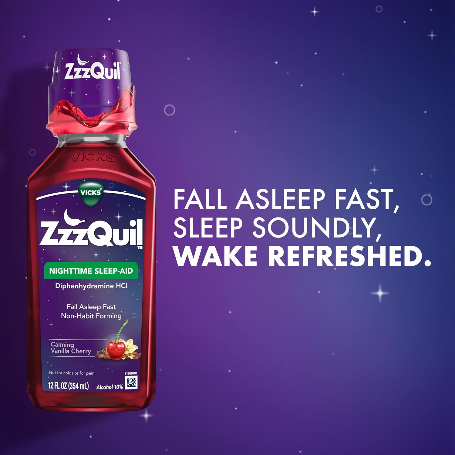ZzzQuil, Nighttime Sleep Aid Liquid, 50 mg Diphenhydramine HCl, No.1 Sleep Aid Brand, Fall Asleep Fast, Non-Habit Forming, Calming Vanilla Cherry, 12 FL OZ