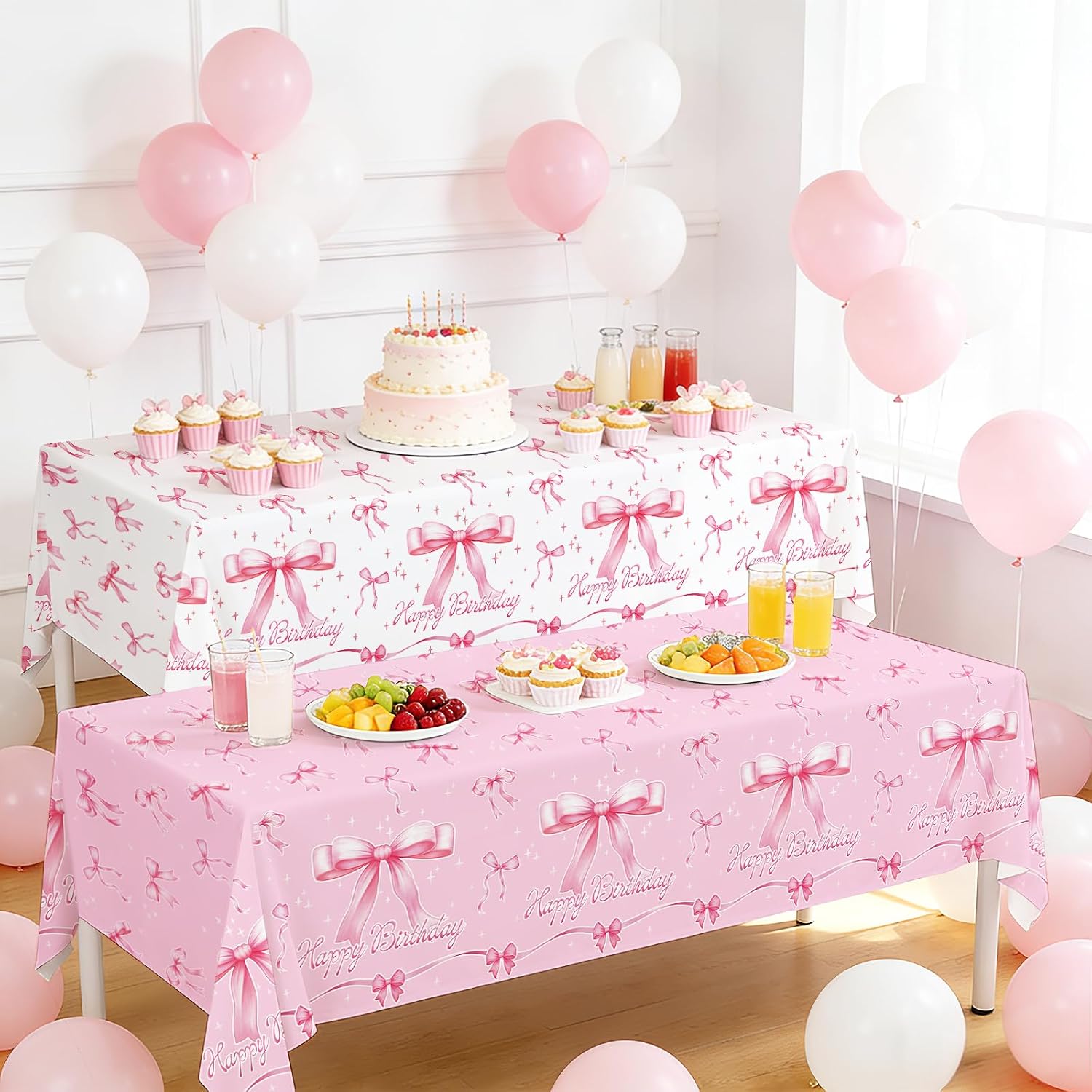 Gatherfun Pink Bow-Themed Party Supplies Set for Women: Happy Birthday & Bachelorette Decorations Combo - Includes 2 Disposable Tablecloths (54 x 108 inch) for Birthday & Tea Party Decorations