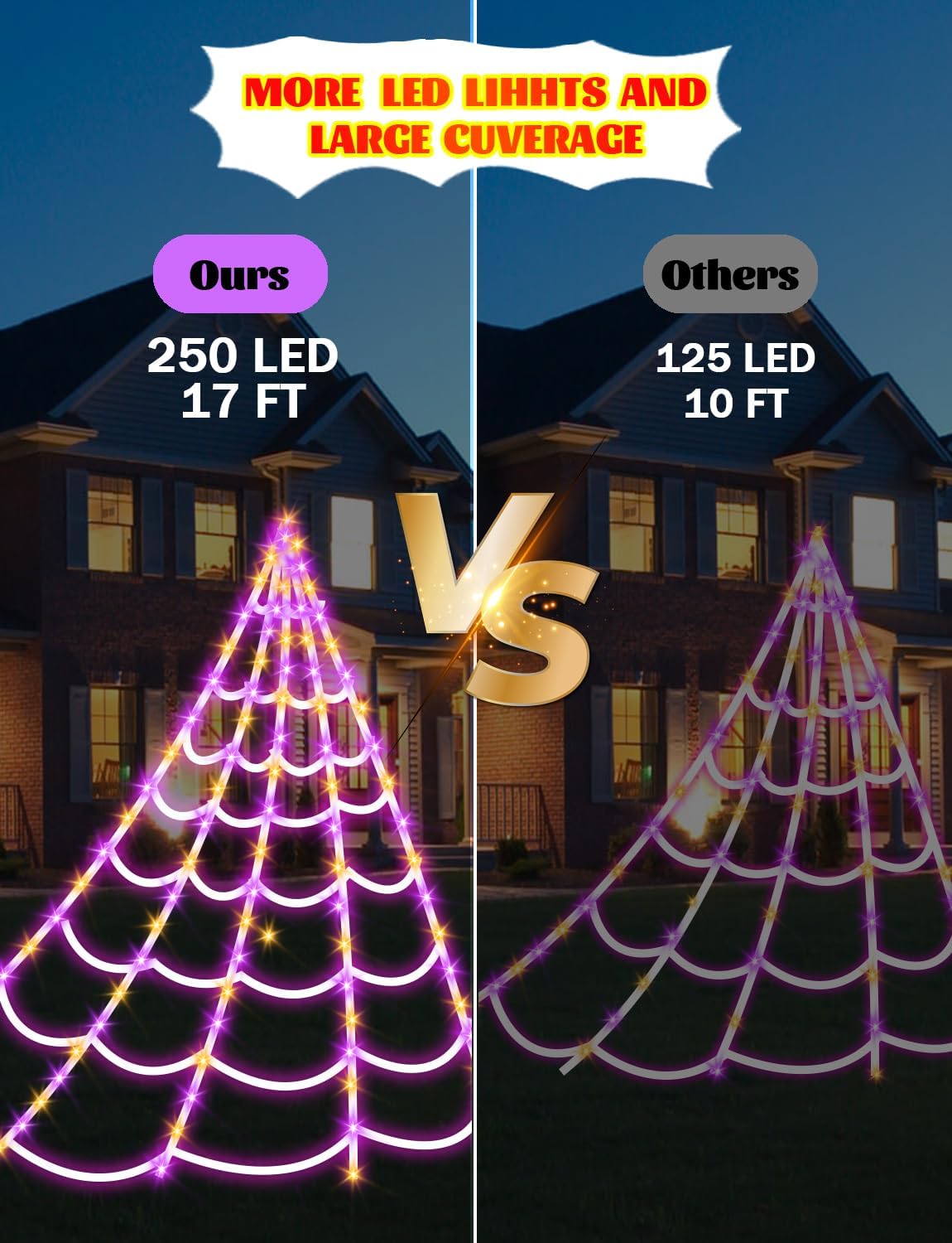 Spider Webs Halloween Decorations Lights - 250 LEDs Outdoor Halloween String Lights,8 Modes Remote Control 16.4Ft Spiderweb,Waterproof (Orange+Purple)