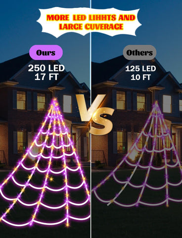 Spider Webs Halloween Decorations Lights - 250 LEDs Outdoor Halloween String Lights,8 Modes Remote Control 16.4Ft Spiderweb,Waterproof (Orange+Purple)