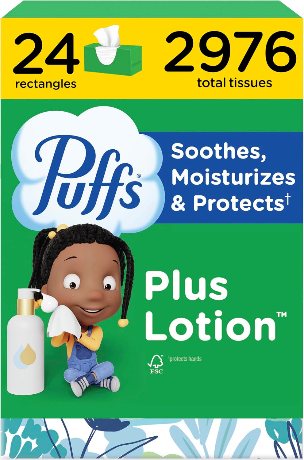 Puffs Facial Tissues Plus Lotion, 24 Family Rectangle Boxes, 124 Facial Tissues per Box, Allergies and Colds (Packaging May Vary)