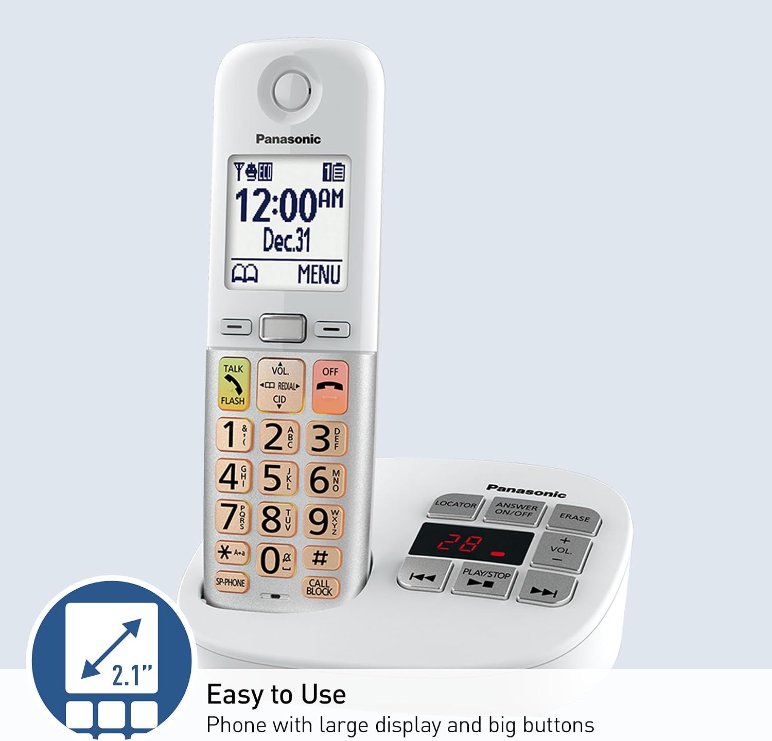 Panasonic Cordless Phone, Easy to Use with Large Display and Big Buttons, Flashing Favorites Key, Built in Flashlight, Call Block, Volume Boost, Talking Caller ID, 2 Cordless Handsets - KX-TGU432W