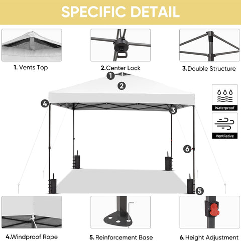 GDY 10x10 Pop Up Canopy Patio Carpas, One Push Set up with Central Lock Canopy with Hand Carry Bag, Included 4 Sandbaogs,8 Stakes and 4 Ropes, White