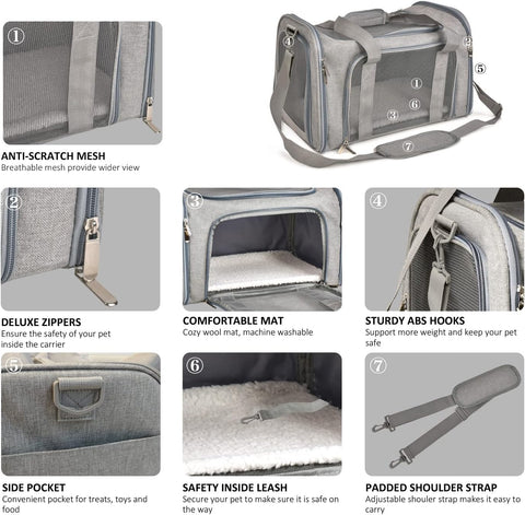 Henkelion Cat Carriers Dog Carrier Pet Carrier For Small / Medium Cats Dogs Puppies (Up To 15lbs), TSA Airline Approved Small Dog Carrier Soft Sided, Collapsible Waterproof Travel Puppy Carrier - Grey