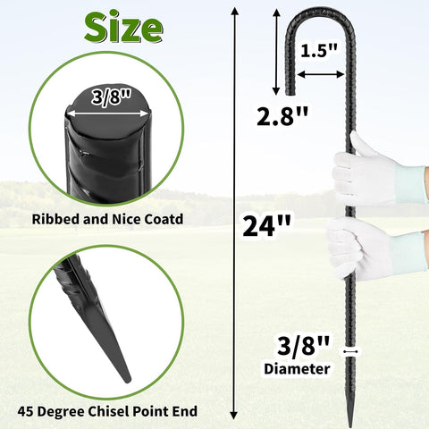 Besitu 24 inches J Hook Rebar Stakes (16-Pack), Extra Long Garden Stakes with Chisel Point End Steel Rebar Ground Stakes for Tent Chain Link Fence and Outdoor Decorations Black Coated