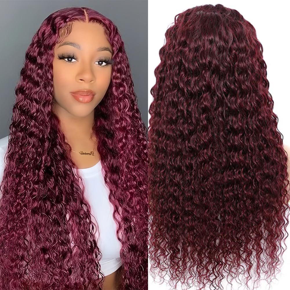 99j Burgundy Deep Wave Lace Front Wigs Glueless Wigs Human Hair Pre Plucked Pre Cut 5X5 HD Lace Closure Human Hair Curly 180% Density Lace Front Wigs for Black Women 22 Inch