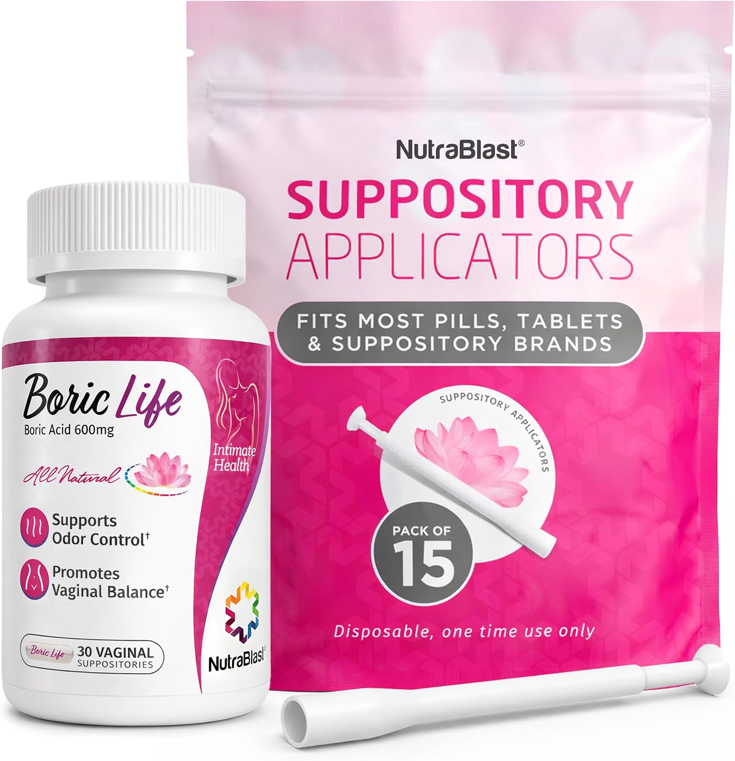 NutraBlast Boric Acid Suppositories for Women 600mg with Applicators Bundle