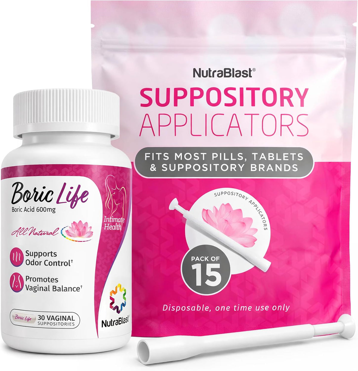 NutraBlast Boric Acid Suppositories for Women 600mg with Applicators Bundle
