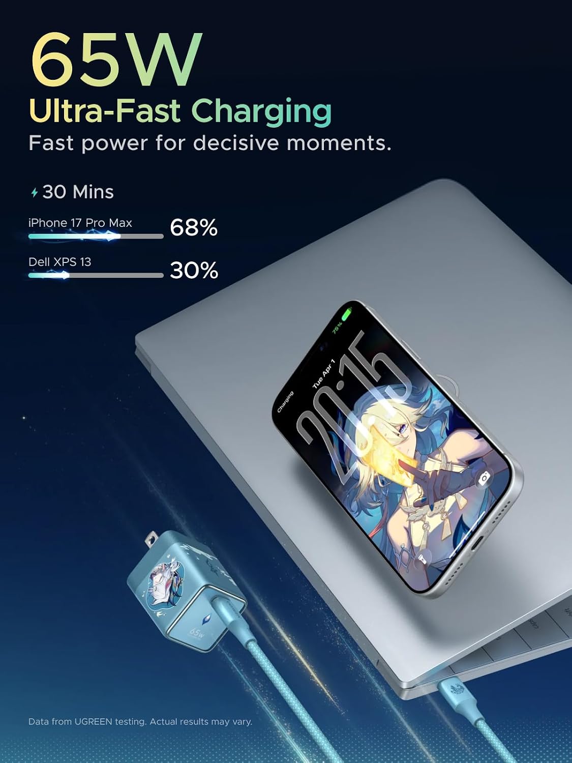 UGREEN Nexode Air 65W USB C Charger Honkai: Star Rail Edition, Glacier Blue