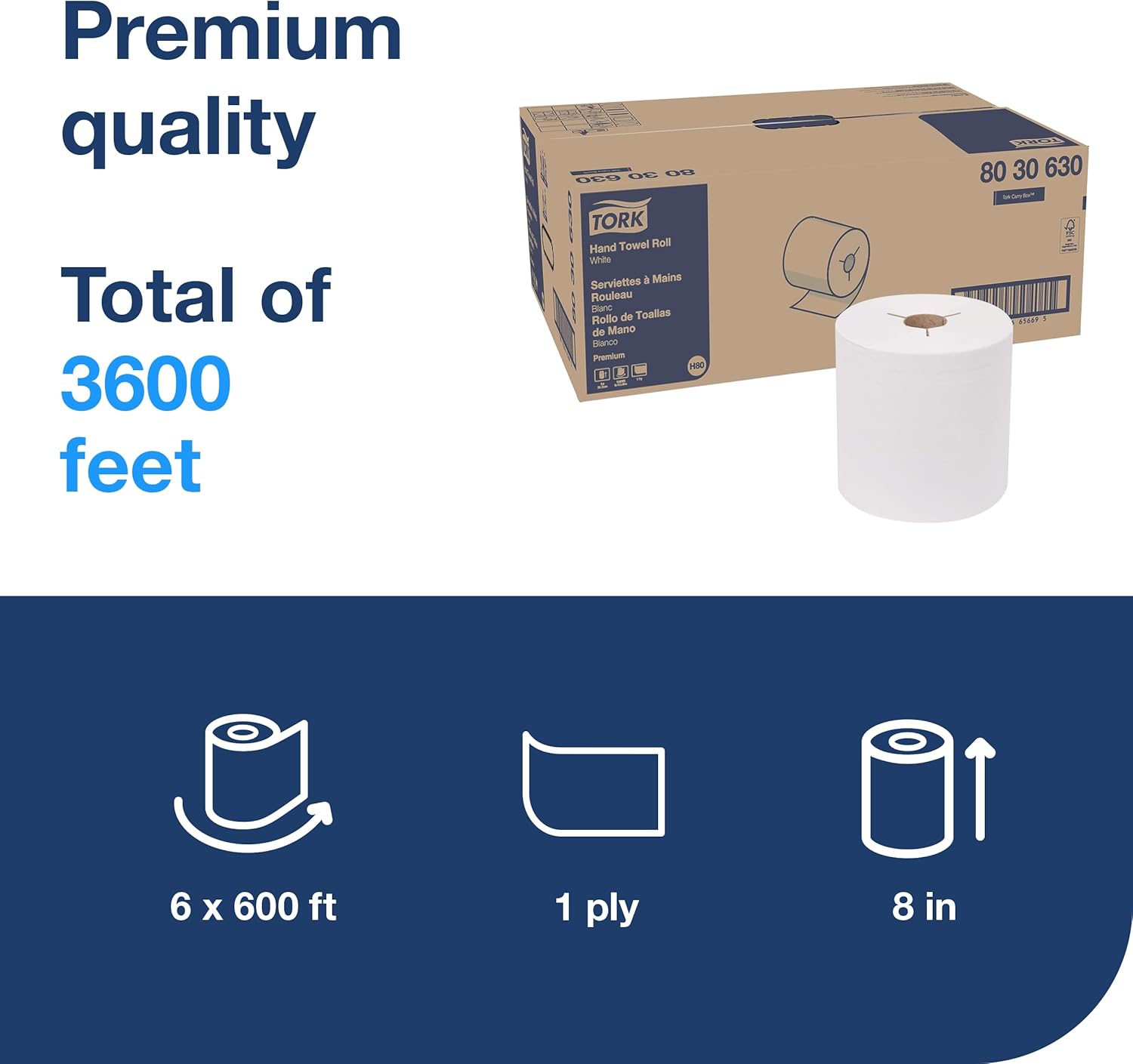 Tork Roll Hand Towel White H80, Premium, 6 rolls, 8030630 | Compatible with H80 Dispensers, 1-Ply, Premium Quality, FSC Certified