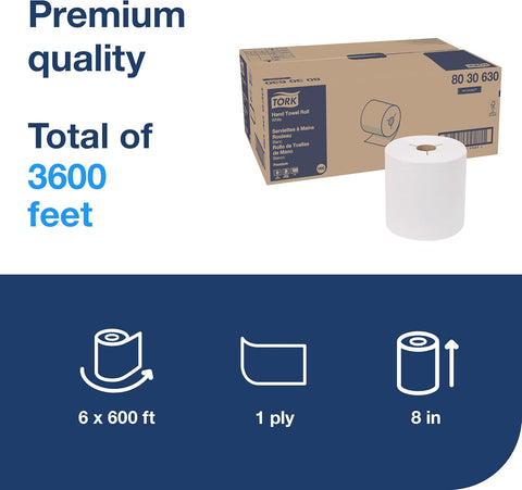 Tork Roll Hand Towel White H80, Premium, 6 rolls, 8030630 | Compatible with H80 Dispensers, 1-Ply, Premium Quality, FSC Certified