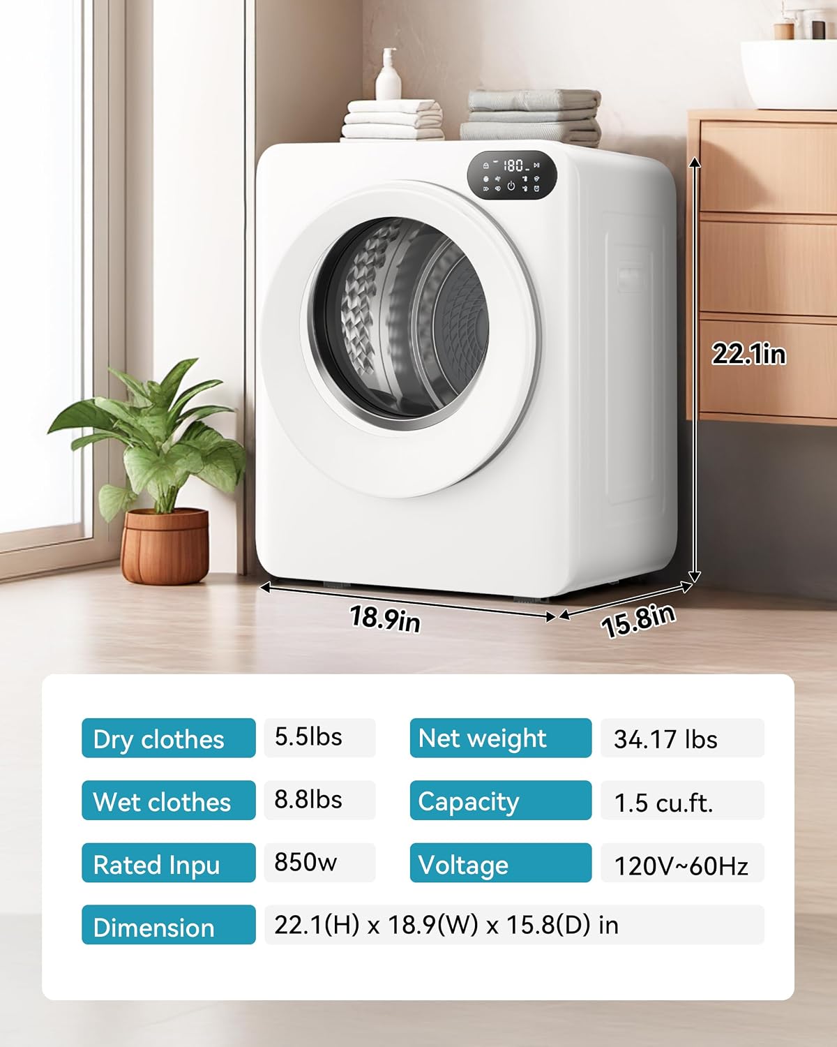 1.5 Cu. Ft. Protable Clothes Dryers with LED Control