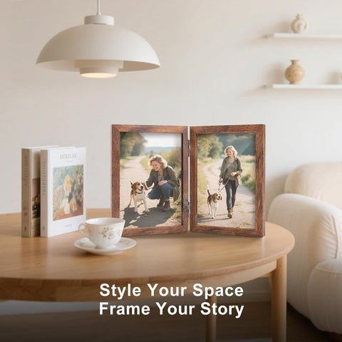 FOREV 5x7 Double Picture Frame Rustic Wood Wooden Hinged Photo Frame