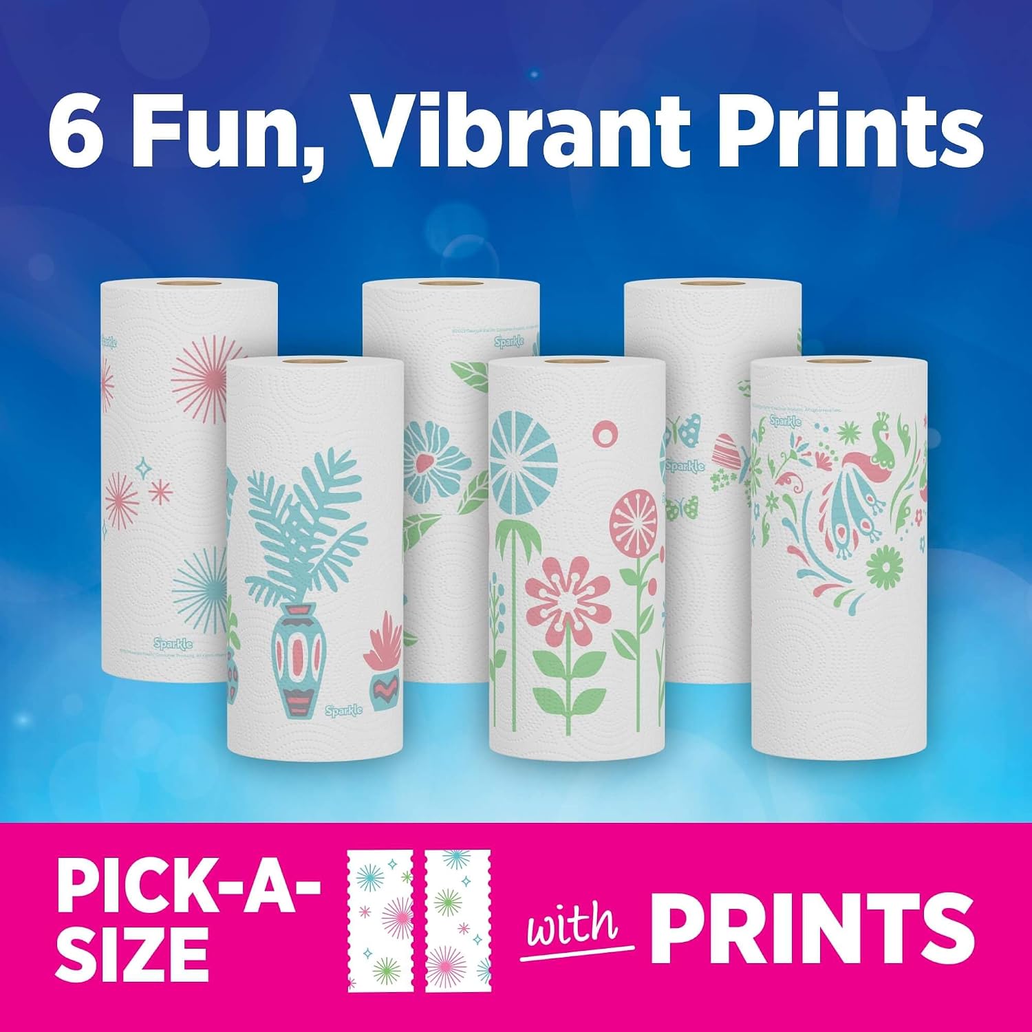 Sparkle Pick-A-Size Paper Towels, Spirited Print Design, 6 Double Rolls (660 Sheets Total) - Strong 2-Ply Towels for Kitchen Cleanup and Everyday Messes