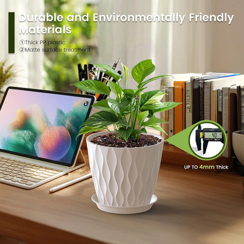 Meowell 7 inch Plant Pots for Indoor Outdoor Plants, 5 Pack Thick Nursery Pots with Drainage Holes and Saucers, 3D Modern Wave Texture Plastic Planter Pots for Flowers and House Plants, White