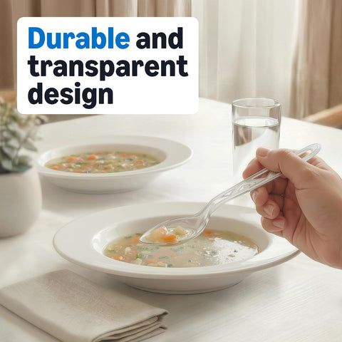 Amazon Basics Disposable Clear Plastic Spoons, Premium Quality, 100 Count, Large Pack, Packaging May Vary