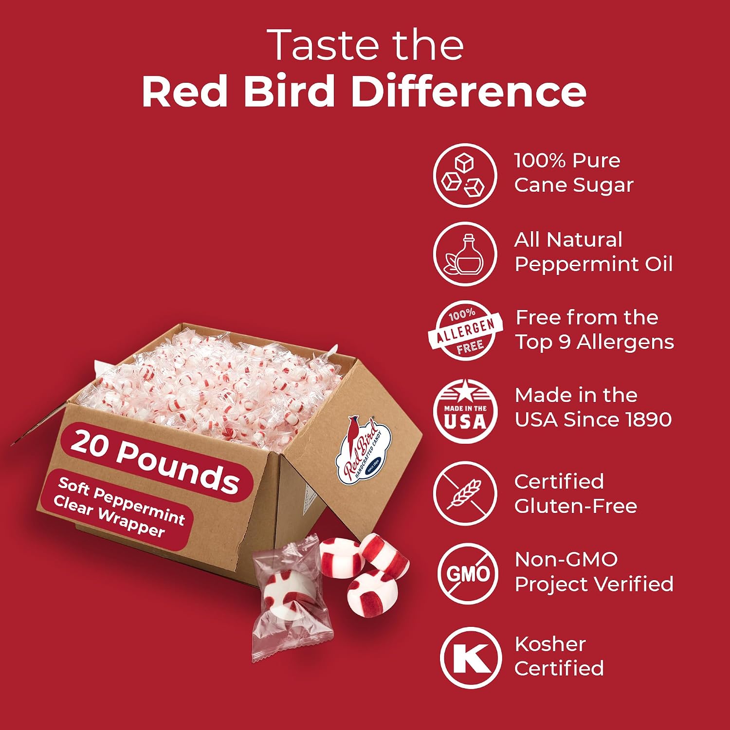 Red Bird Soft Peppermint Puffs Bulk Case, 20 lb Individually Wrapped Mints in Clear Wrapper (Red Stripes Visible), Soft Candy for Offices, Receptions, Restaurants, Made in USA Since 1890