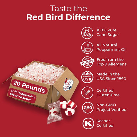 Red Bird Soft Peppermint Puffs Bulk Case, 20 lb Individually Wrapped Mints in Clear Wrapper (Red Stripes Visible), Soft Candy for Offices, Receptions, Restaurants, Made in USA Since 1890