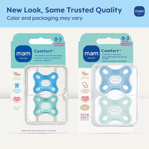 MAM Comfort Baby Pacifier 0-3 Mths Lightweight One-Piece Silicone 2 Count (Pack of 12)