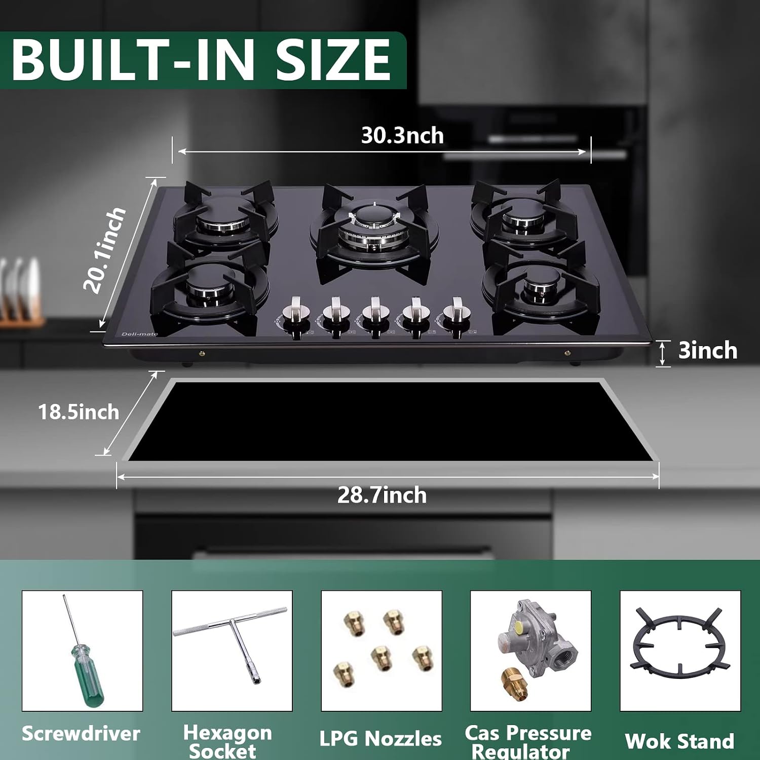 DM517-01 30 Inch Dual Fuel Gas Hob - Built-in Tempered Glass 5 Burner LPG/NG Convertible Gas Stovetop
