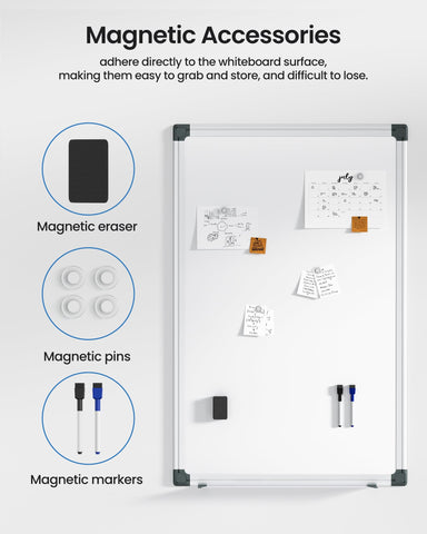 VUSIGN Magnetic White Board Kit for Wall 36" x 24", 1 Dry Eraser & 2 Multicolor Markers & 4 Magnetic Pins, Sliver Reinforced Aluminum Frame for Home, School, Office