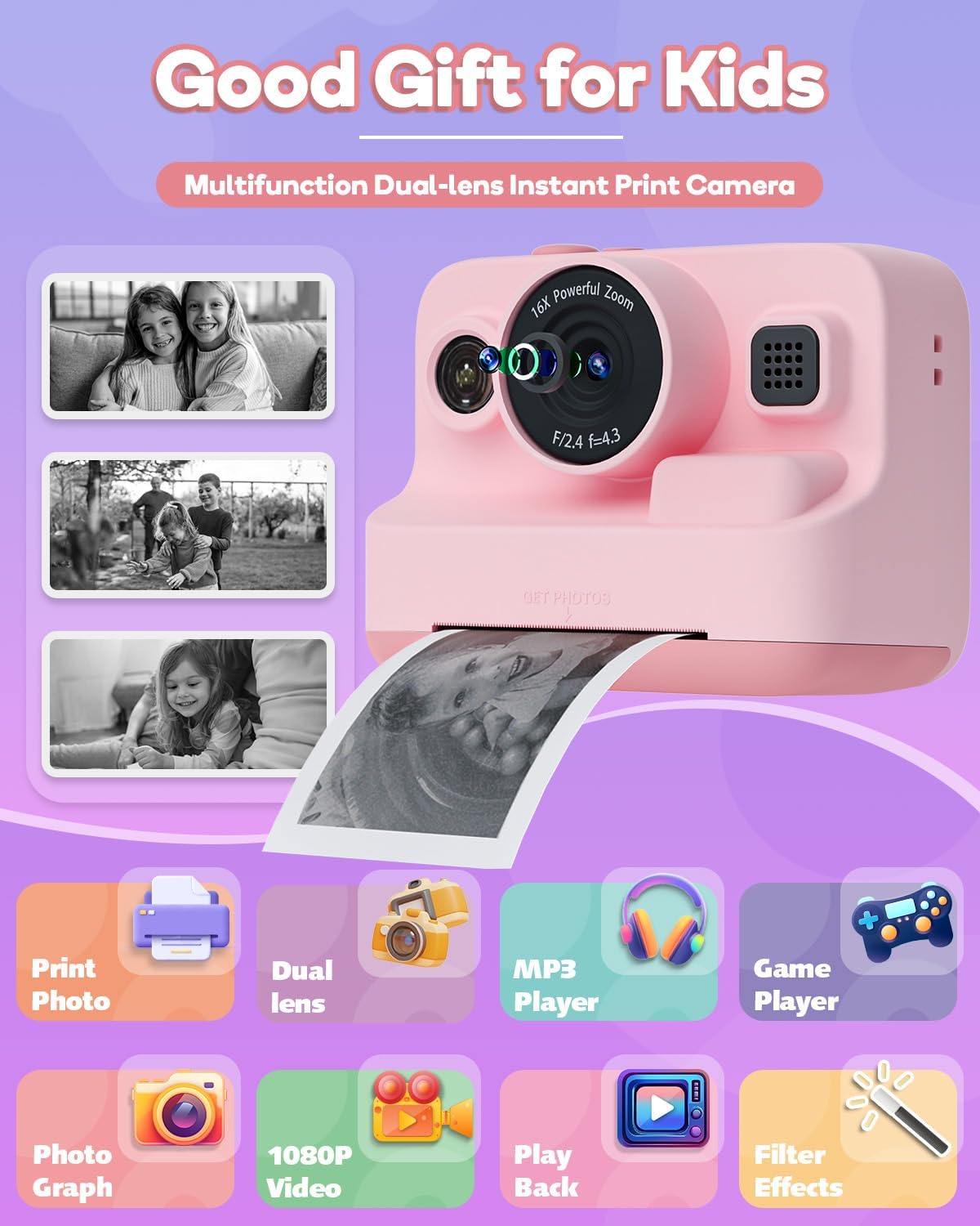 Dylanto Kids Camera Instant Print,1080P Kids Instant Cameras that Print Photos,Christmas Birthday Gifts for Girls Age 3-12,Portable Toy for 3 4 5 6 7 8 9 10 Year Old Girls Boys Pink