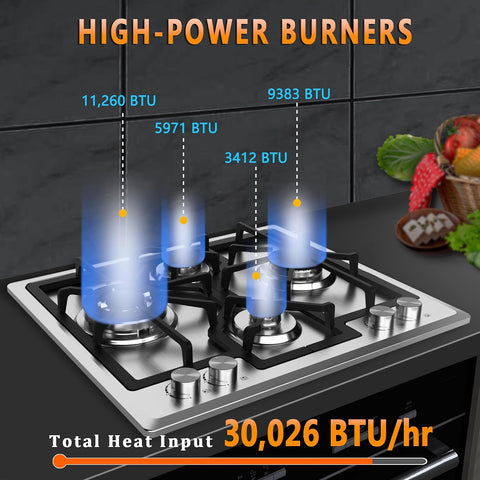 24 Inch Gas Cooktop, Built-In 4 Burner Gas Stove Top, NG/LPG Convertible Stainless Steel Cooktop with Thermocouple Protection, Sealed Burners