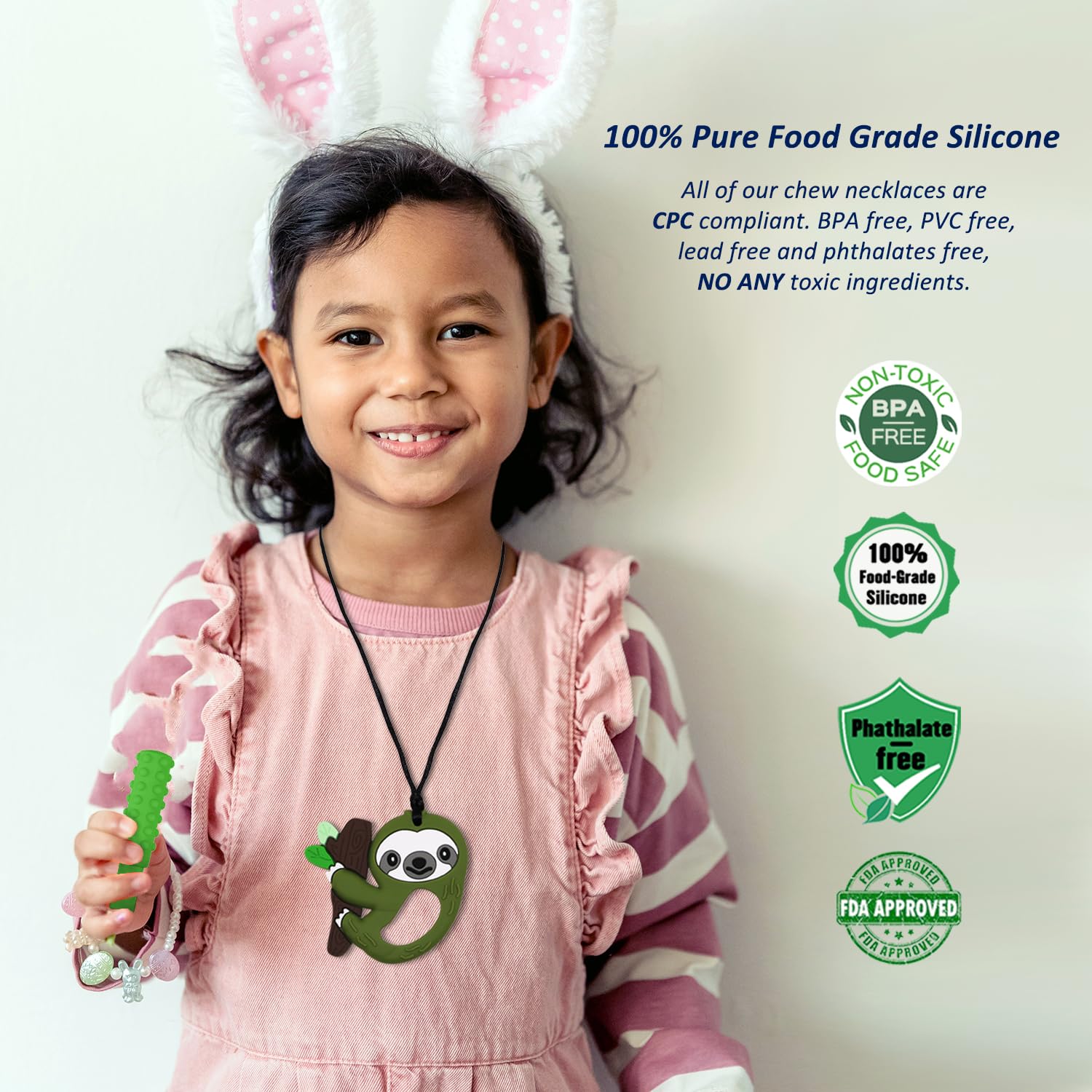 Sensory Chew Necklace for Kids Boys Girls, 6 Pack Silicone Chew Toys for Kids with ADHD Autism, Anxiety, Chewy Necklace Sensory Toys Reduce Adult Chewing Fidgeting (Green Sloth)