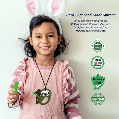 Sensory Chew Necklace for Kids Boys Girls, 6 Pack Silicone Chew Toys for Kids with ADHD Autism, Anxiety, Chewy Necklace Sensory Toys Reduce Adult Chewing Fidgeting (Green Sloth)