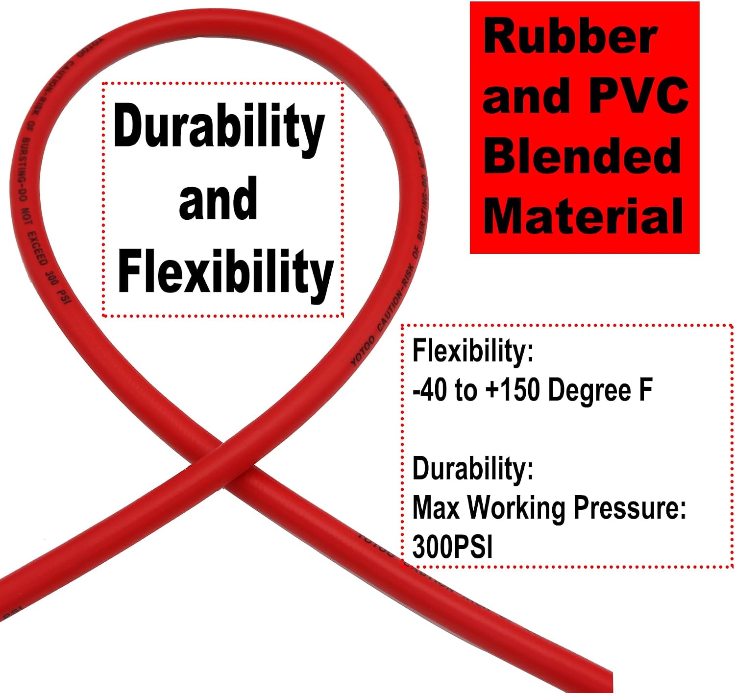 YOTOO Hybrid Air Hose 3/8-Inch by 50-Feet 300 PSI Heavy Duty, Lightweight, Kink Resistant, All-Weather Flexibility with 1/4-Inch Brass Male Fittings, Bend Restrictors, Red