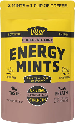 Viter Energy Caffeine Mints 40mg, Sugar Free, Chocolate Mint, 8oz Bulk Bag