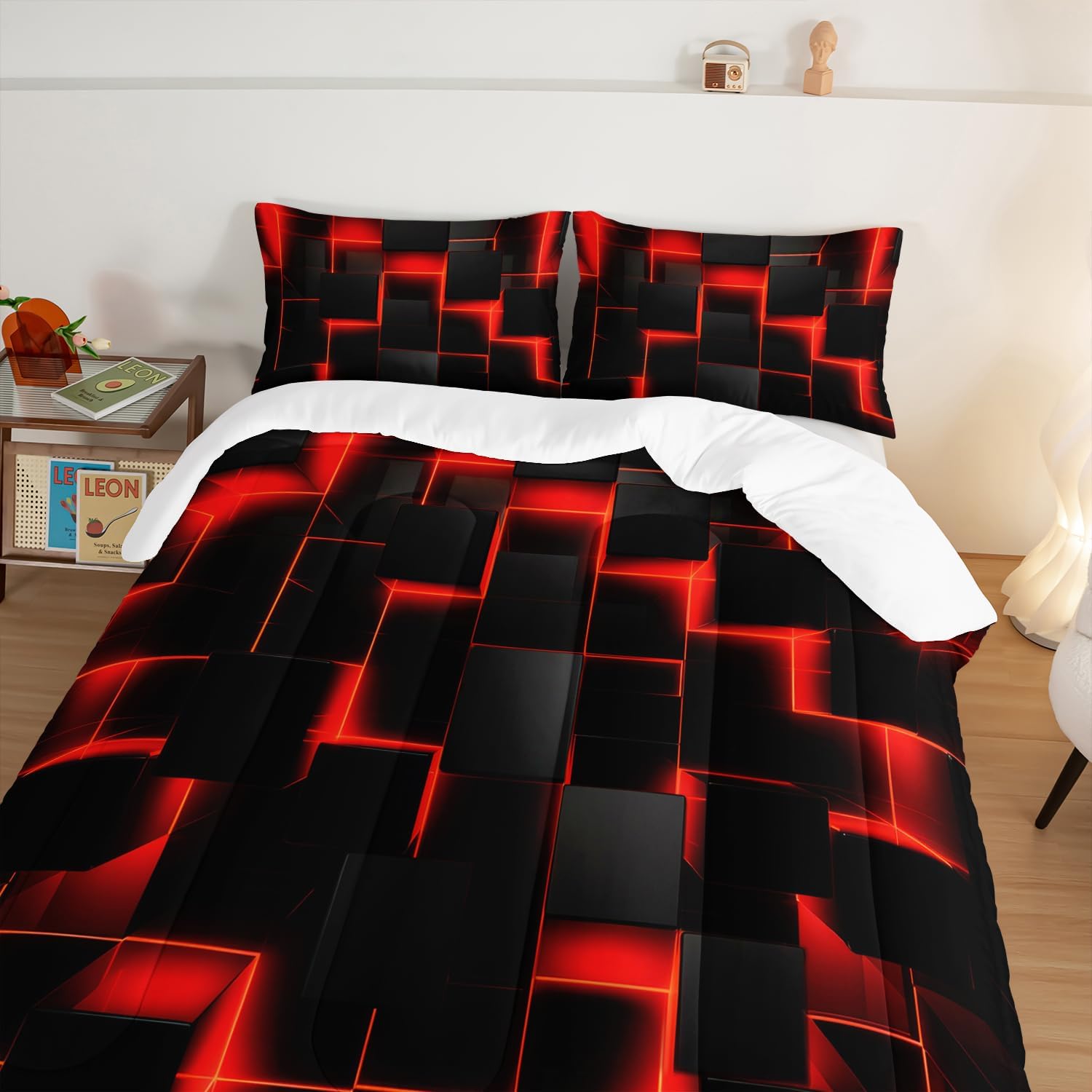 HOSIMA Red Black Geometric Honeycomb Queen Comforter with 2 Pillowcases.