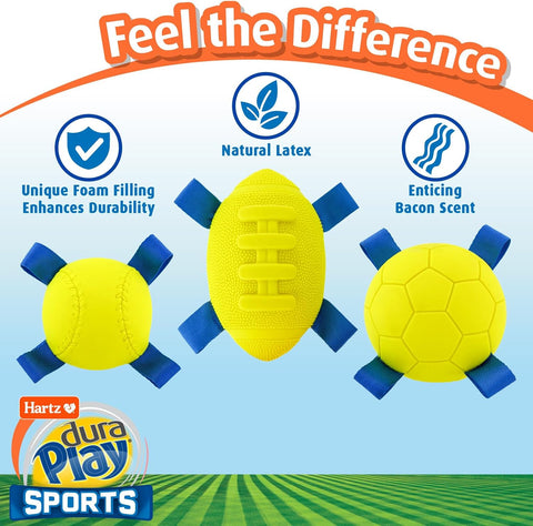 Hartz Dura Play Sports Baseball Dog Toy, Bacon Scented Squeaky Latex Yellow & Blue Toy, 3 Count