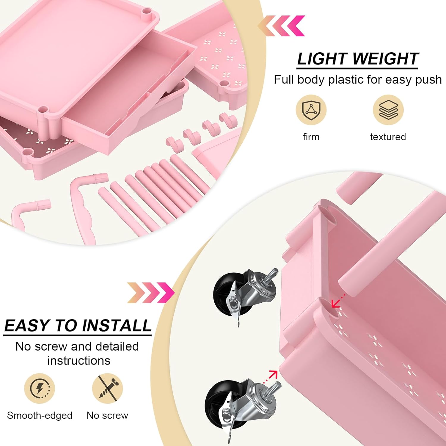 Goovilla 3 Tier Rolling Utility Cart Organizer with Removable Drawer, Pink
