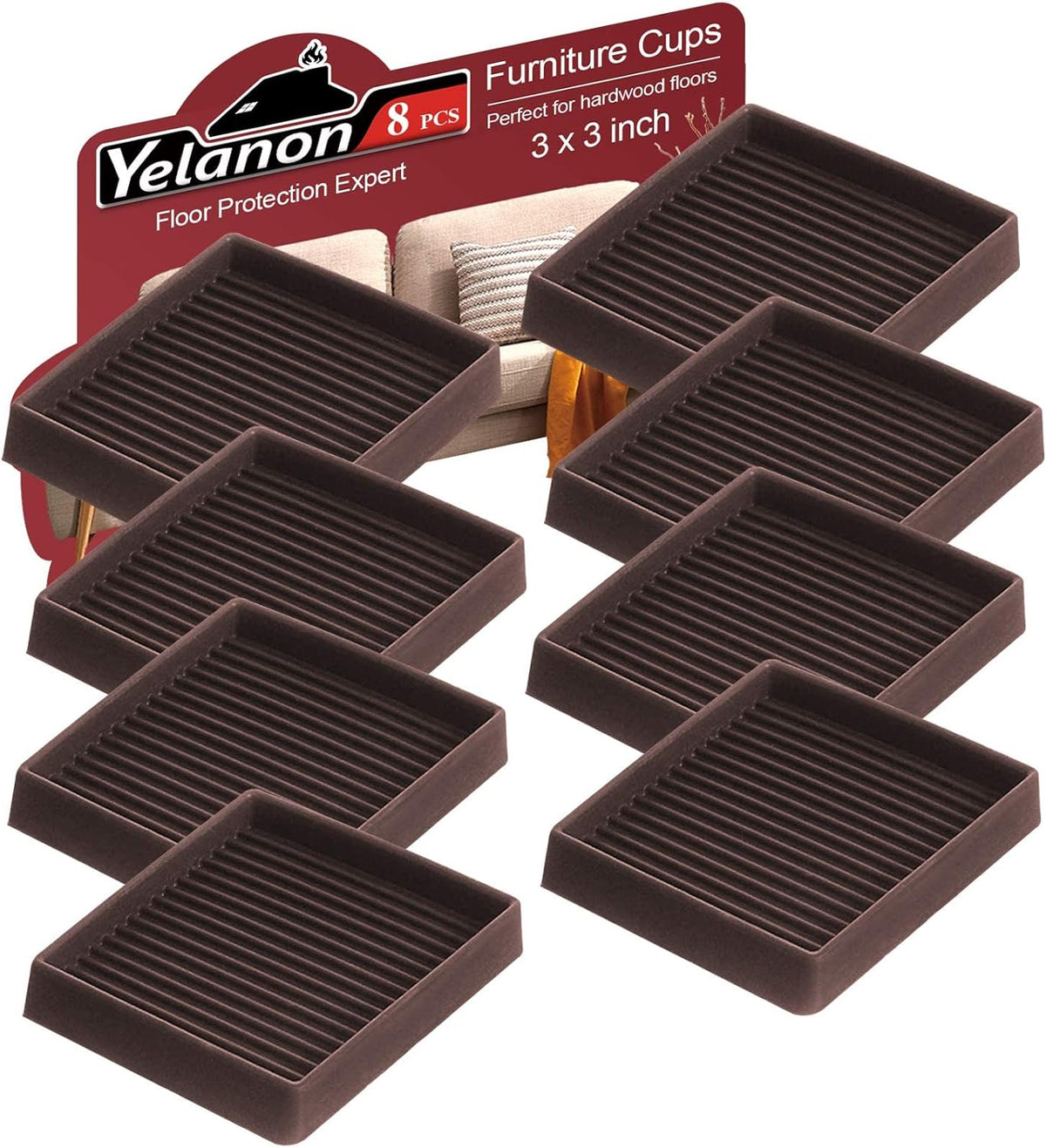 Yelanon Furniture Coasters 8 Pcs 3" Square Brown Caster Cups for Hardwood